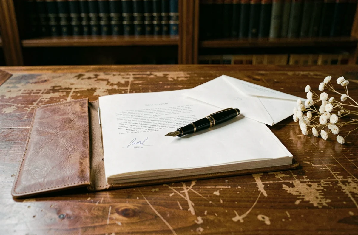 Registre de mariage ouvert sur un bureau notarial en bois avec stylo plume et enveloppe officielle scellée, ambiance documentaire archivistique
