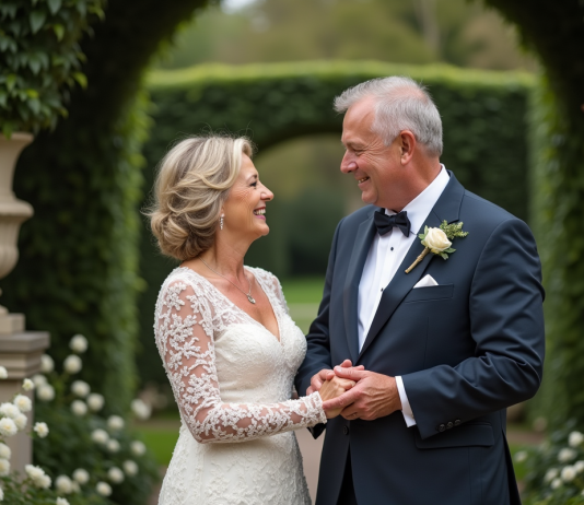 Renouvellement de vœux de mariage : où et comment procéder ? Couple mature échangeant des vœux dans un jardin élégant
