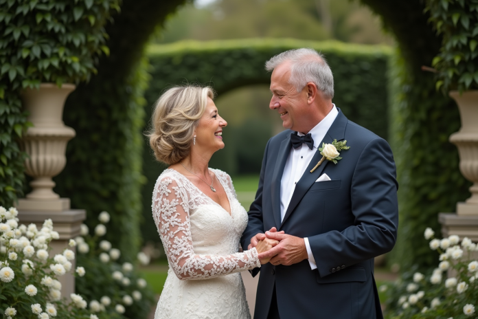 renouvellement-vux-couple-ages Couple mature échangeant des vœux dans un jardin élégant