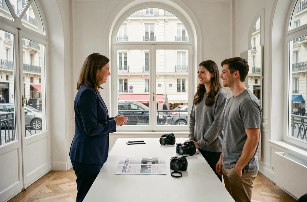 Photographe discutant du budget et des prestations avec un couple de clients dans un bureau parisien style haussmannien