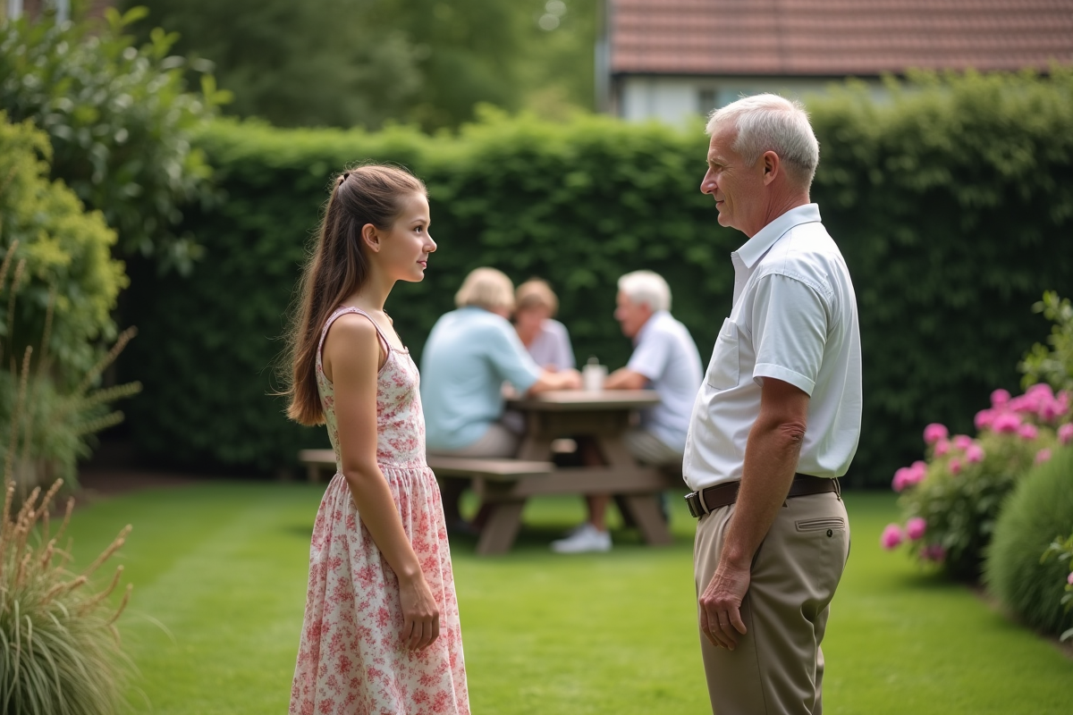 Famille réunie dans un jardin avec adolescents et adultes