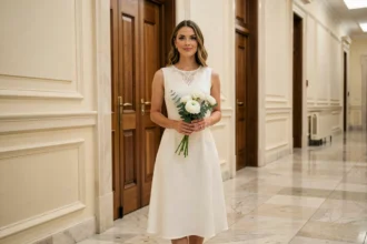 Femme en robe blanche mi-longue simple pour mariage civil dans un couloir de mairie élégant avec bouquet de fleurs blanches