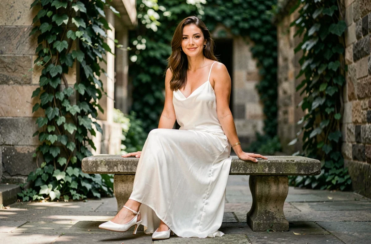 Jeune femme en robe blanche satin style slip dress assise dans une cour intérieure en pierre pour mariage civil chic