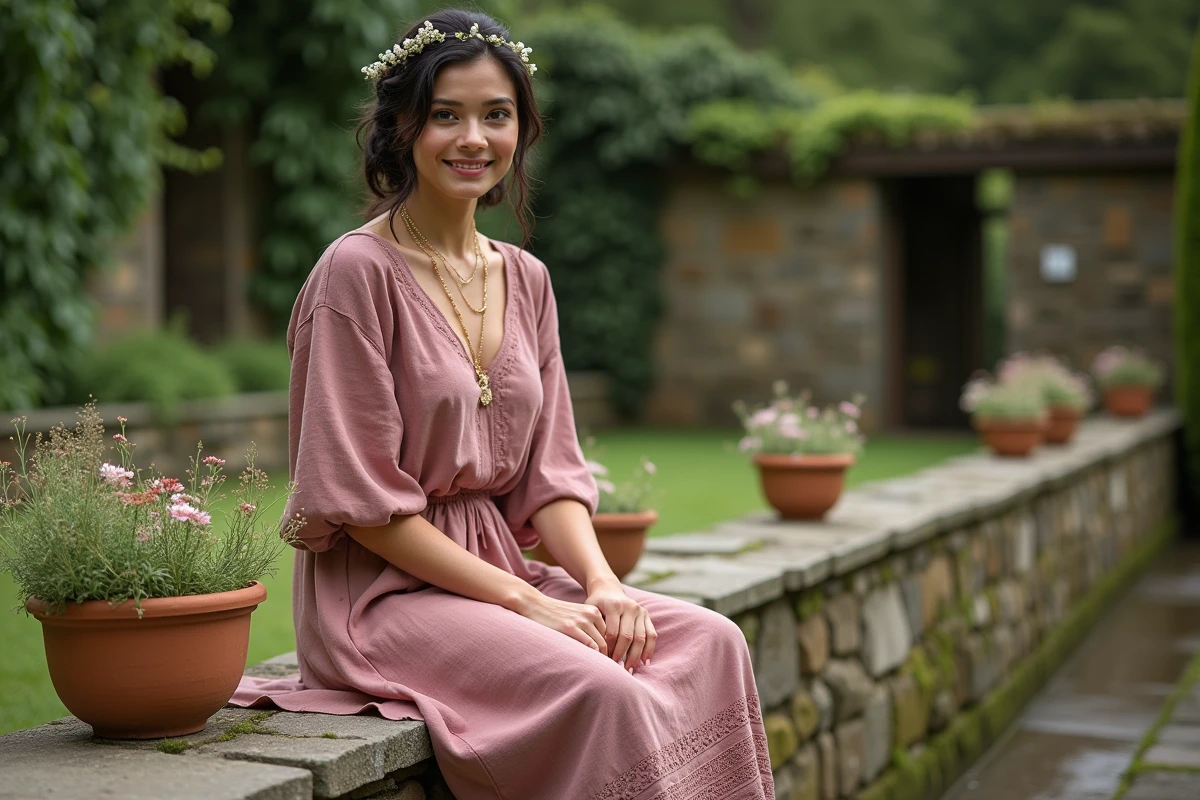 Femme assise sur un muret en pierre portant une robe champêtre en lin rose avec chignon tressé orné de fleurs blanches, colliers dorés et bottines en daim cognac