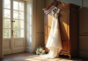 Robe de mariée suspendue dans une chambre lumineuse