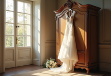 Robe de mariée suspendue dans une chambre lumineuse