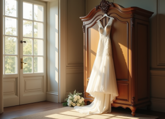 Robe de mariée suspendue dans une chambre lumineuse