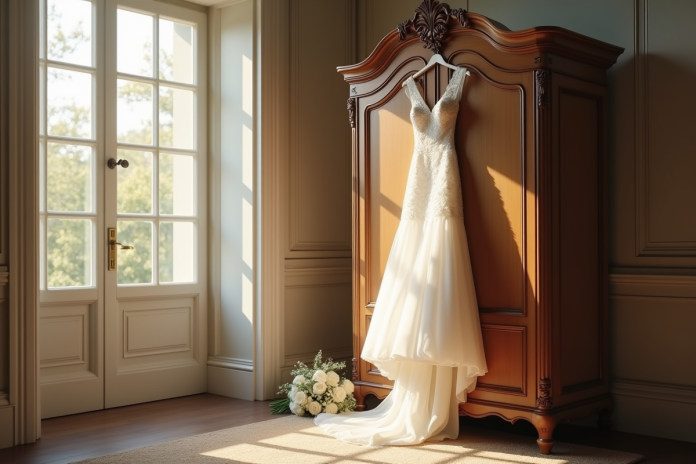 Robe de mariée suspendue dans une chambre lumineuse