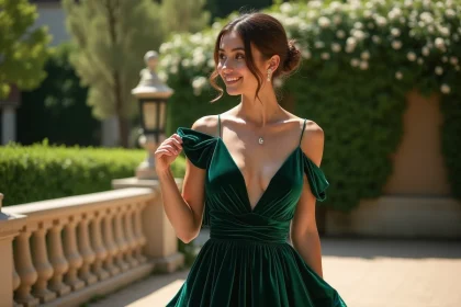 Femme en robe vert émeraude dans un jardin ensoleille