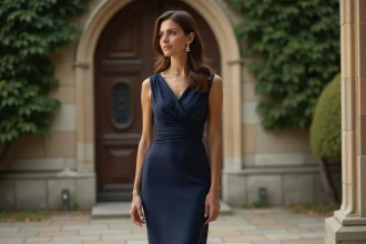 Femme élégante en robe fourreau bleu marine devant une cathédrale lors d'un mariage