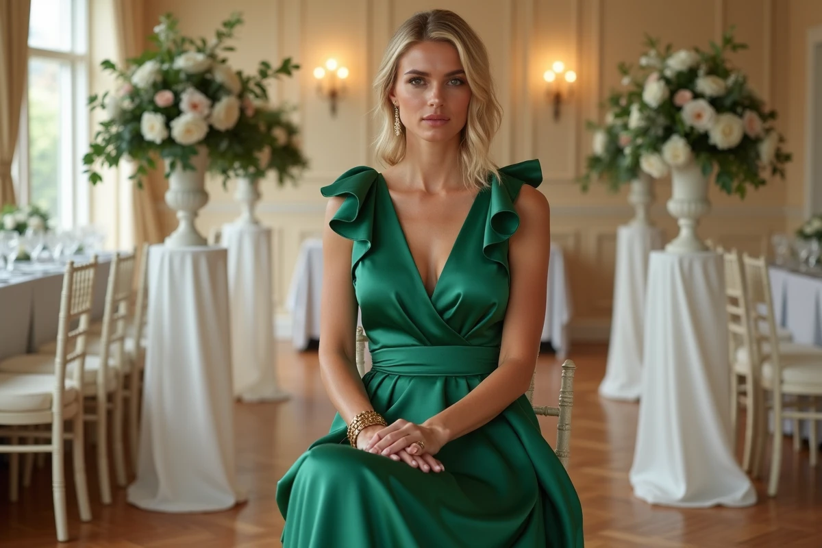 Invitée de mariage en robe fourreau vert émeraude dans une salle de réception décorée