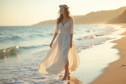 Mariée en robe bohème fluide en dentelle ivoire les pieds dans l'eau sur une plage de sable fin