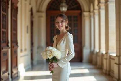 Femme en robe de mariée manches longues ivoire portée lors d'un mariage civil en hiver dans une mairie française
