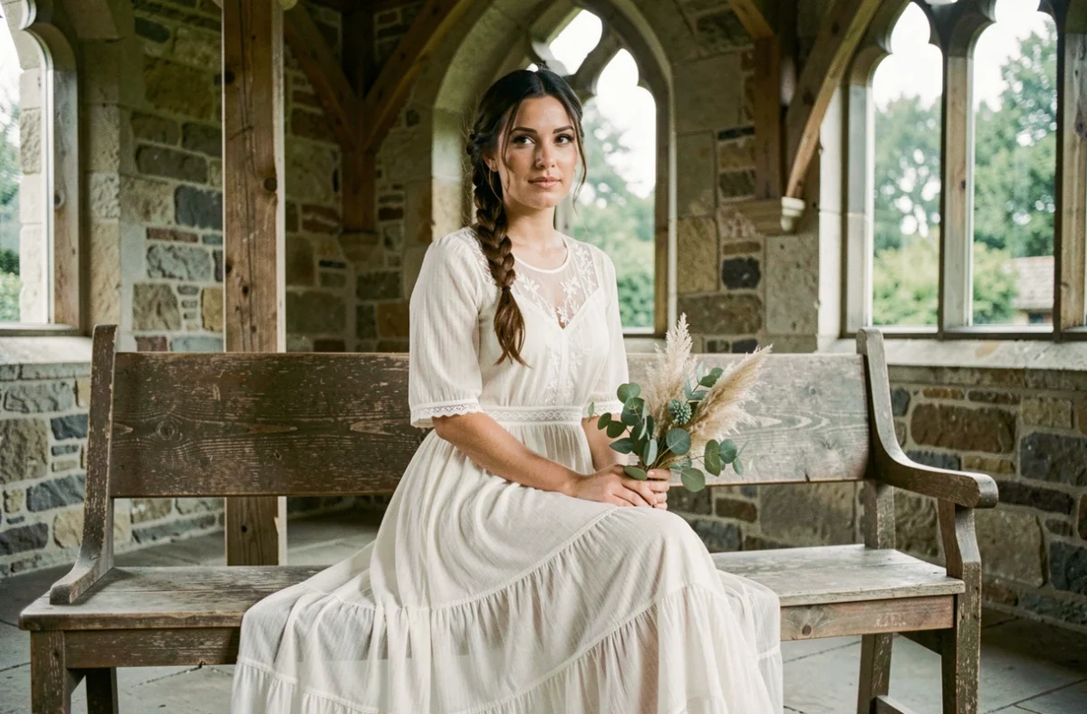 Mariée en robe bohème à jupe étagée et broderies assise dans une chapelle rustique en pierre, tenant un bouquet de pampa et eucalyptus
