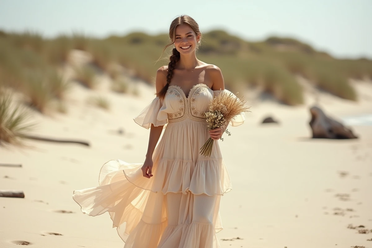Femme en robe de mariée bohème champagne à volants marchant sur une plage déserte avec un bouquet de pampa