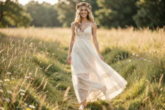 Jeune mariée en robe bohème fluide en mousseline et dentelle ivoire dans une prairie fleurie, coiffée d'une couronne de fleurs séchées