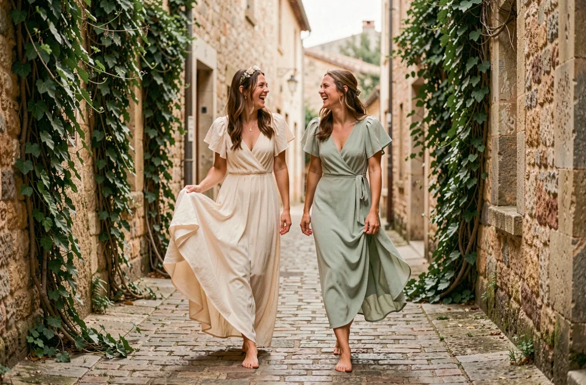Mariée en robe bohème crème à manches volantées et son amie marchant en riant dans une ruelle pavée de village provençal