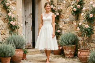 Mariée en robe courte en dentelle sur une terrasse en pierre entourée de roses grimpantes, style champêtre provençal