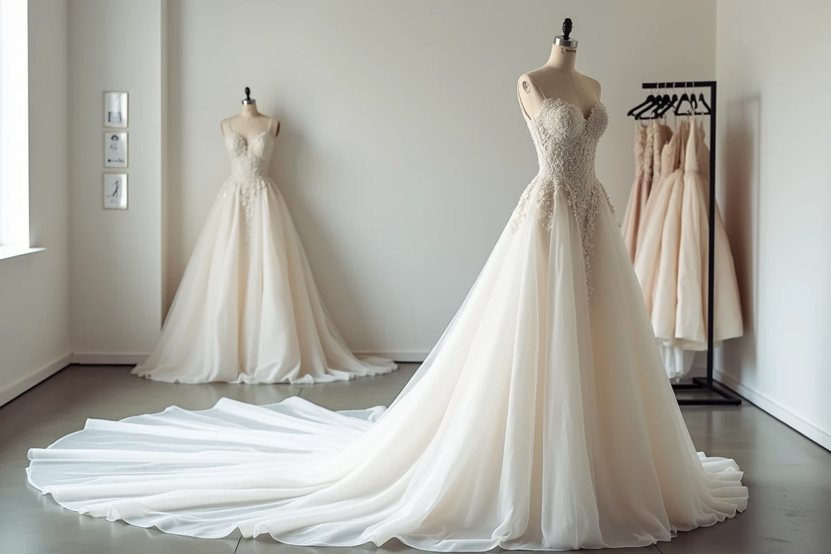 Robe de mariée de créateur sur mannequin avec étiquette de location dans un atelier de Strasbourg