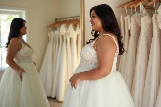 Femme ronde souriante essayant une robe de mariée blanche en dentelle dans une boutique de mariage, reflet dans un grand miroir