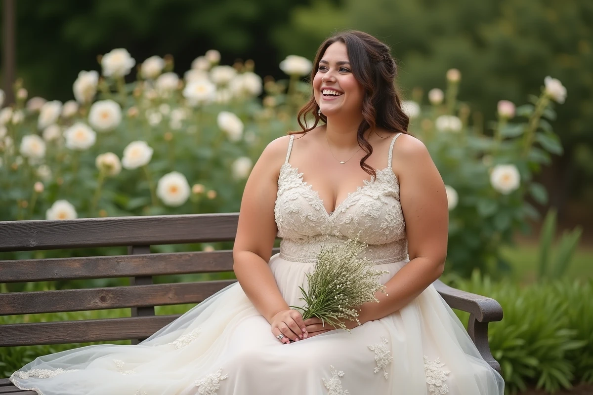 Mariée grande taille en robe de mariée fluide à fleurs assise dans un jardin fleuri avec bouquet de fleurs sauvages