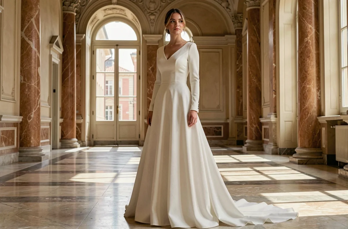 Mariée en robe longue classique en crêpe dans un hall historique aux colonnes de marbre et grandes fenêtres arquées