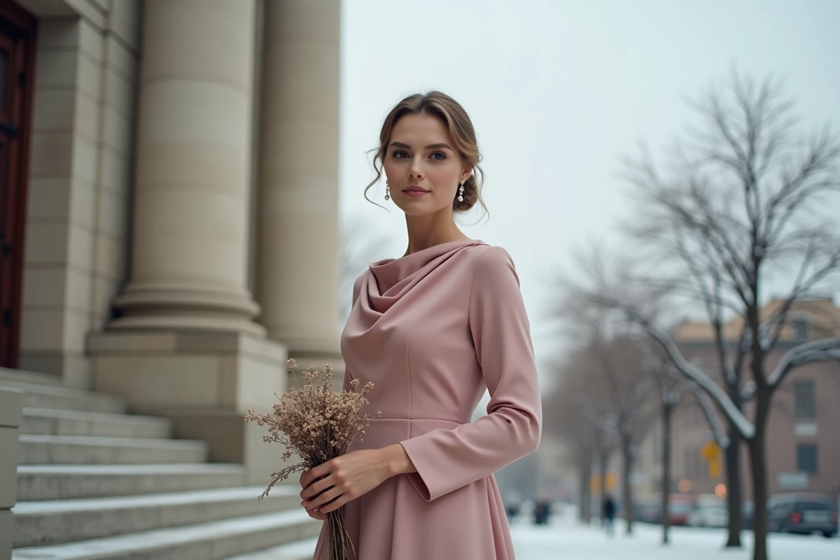 Mariée en robe manches longues rose poudré pour mariage civil en hiver sur les marches d'une mairie