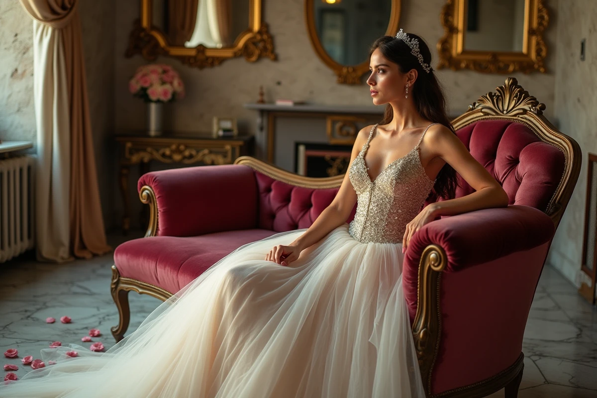 Détail de la robe de mariée princesse paillettes et broderies sur chaise longue baroque dorée