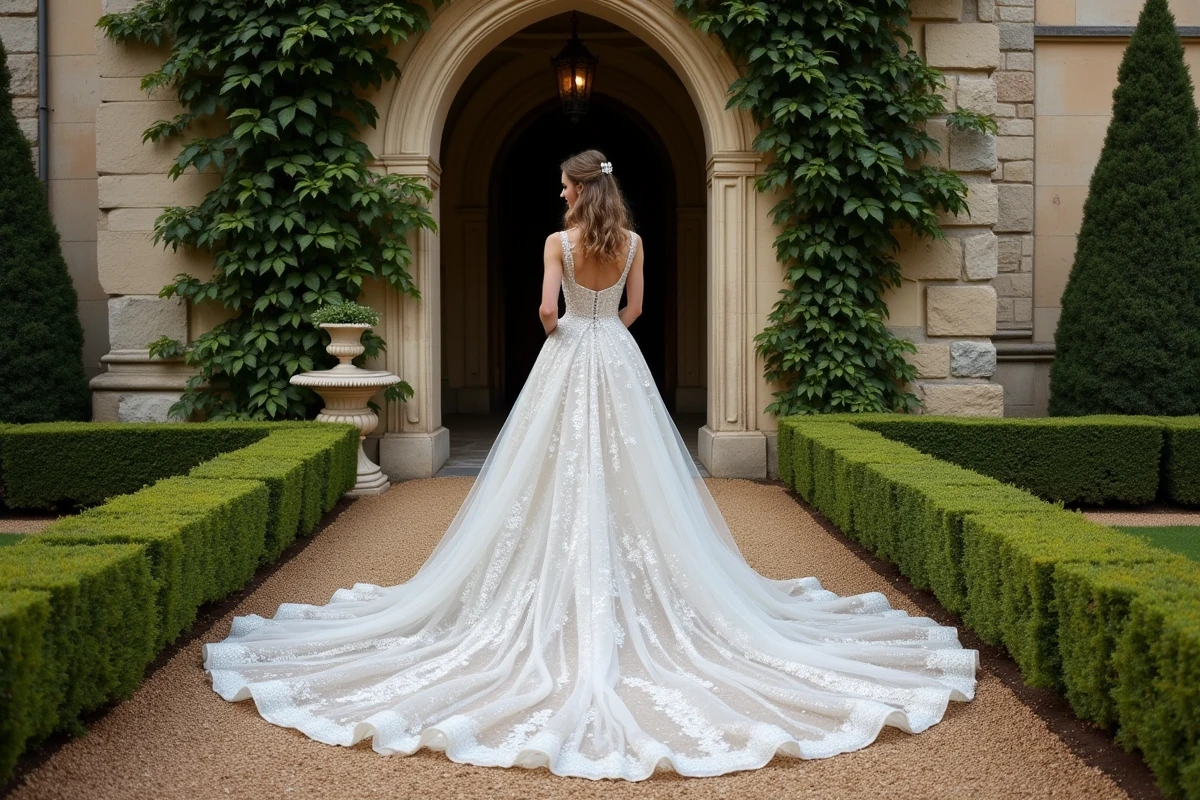 Mariée en robe princesse paillettes devant un château français avec traîne cathédrale