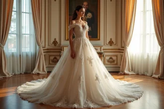 Robe de mariée princesse à paillettes avec jupe volumineuse dans un salon haussmannien élégant