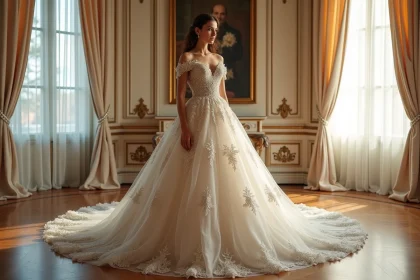Robe de mariée princesse à paillettes avec jupe volumineuse dans un salon haussmannien élégant