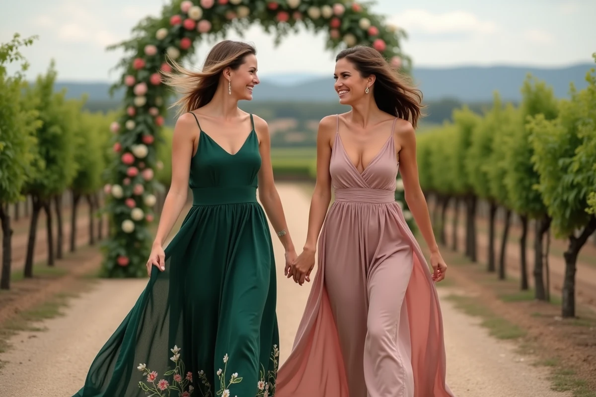 Deux femmes en robes élégantes dont une verte brodée marchant dans un vignoble décoré pour un mariage