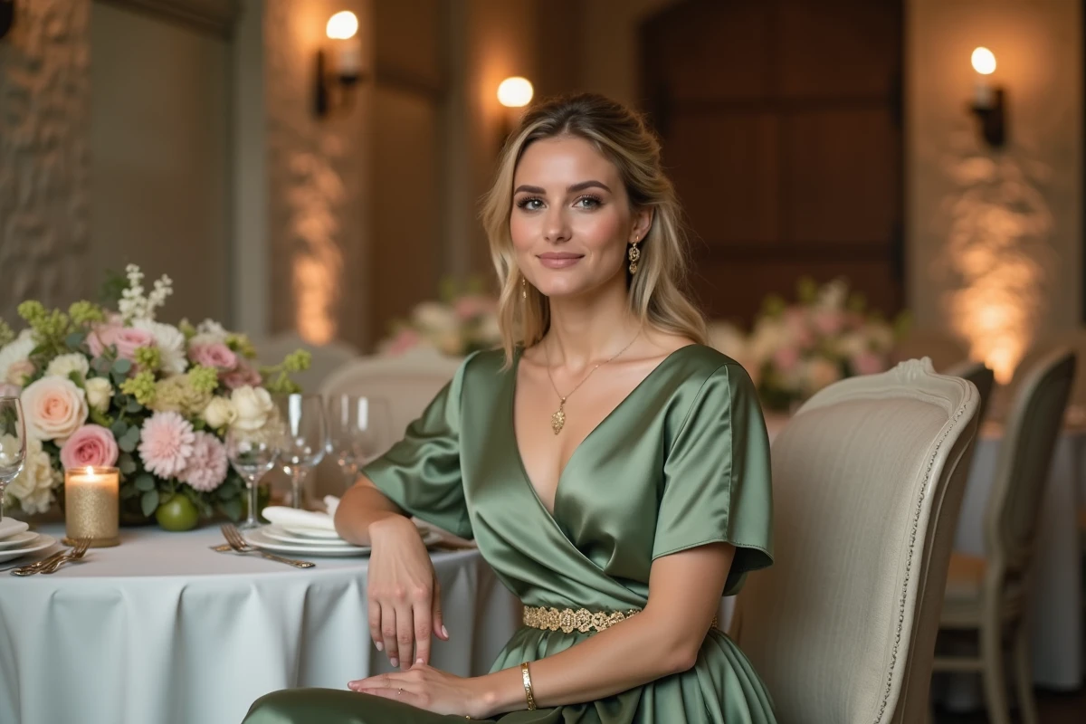Femme assise en robe verte satin à ceinture dorée lors d'un mariage en intérieur