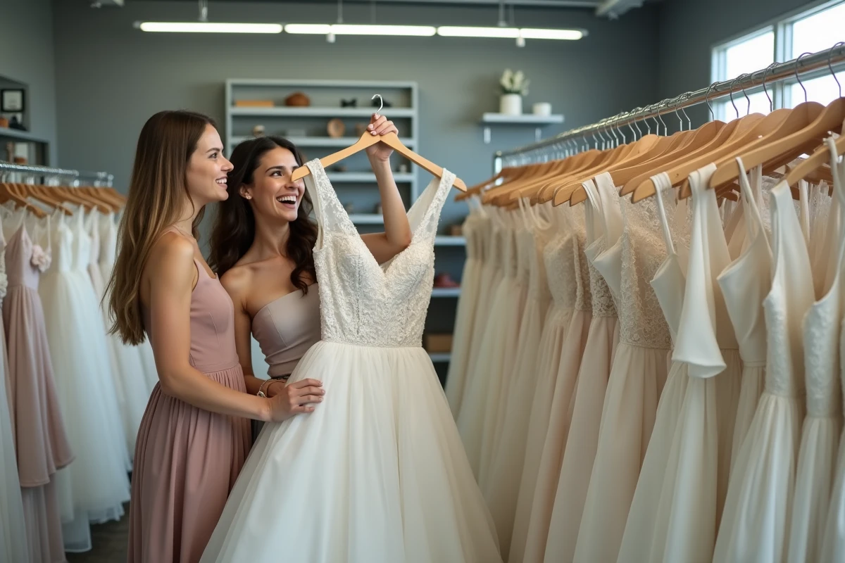Deux amies cherchant des robes de mariées vintage et d'occasion dans une friperie pour trouver une option unique et économique