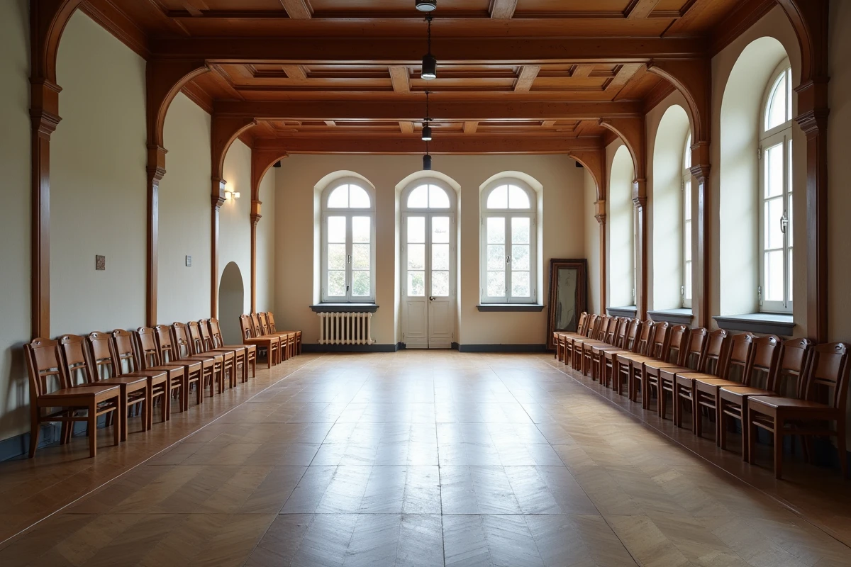 Salle des fêtes vide hors saison avec chaises empilées et tables pliantes, disponible à la location à prix réduit