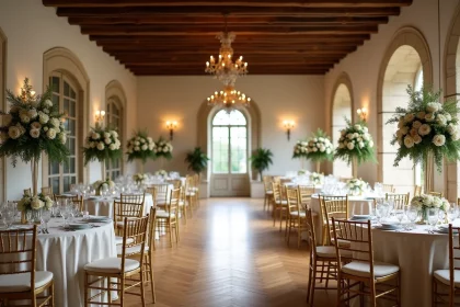 Grande salle de réception de mariage décorée pour 100 invités avec tables rondes en lin ivoire, chaises dorées et parquet dans un château français