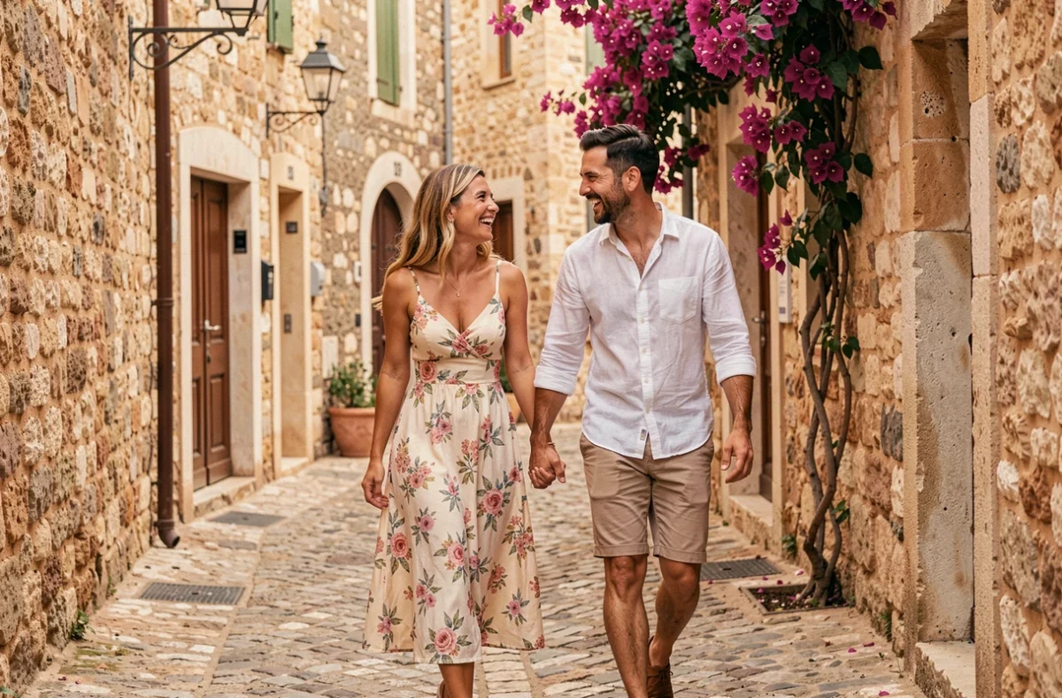 Couple en séance photo dans les ruelles pavées du vieux Hyères avec bougainvilliers et pierres dorées