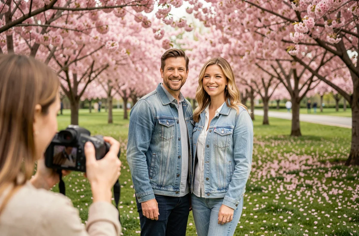 Couple souriant lors d'une séance photo souvenir en extérieur dans un parc fleuri au printemps, avec une photographe visible en premier plan