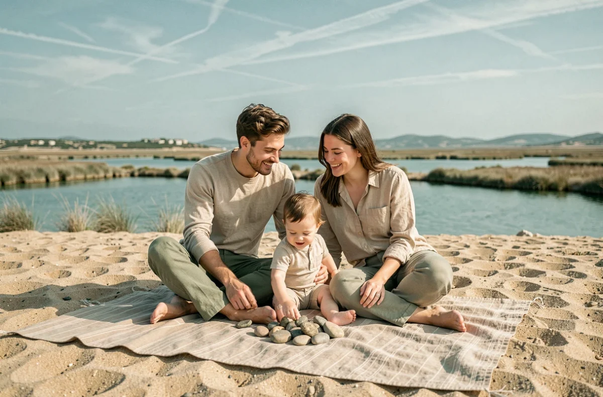 Séance photo de famille sur la plage de l'Almanarre à Hyères avec vue sur la lagune et les salins