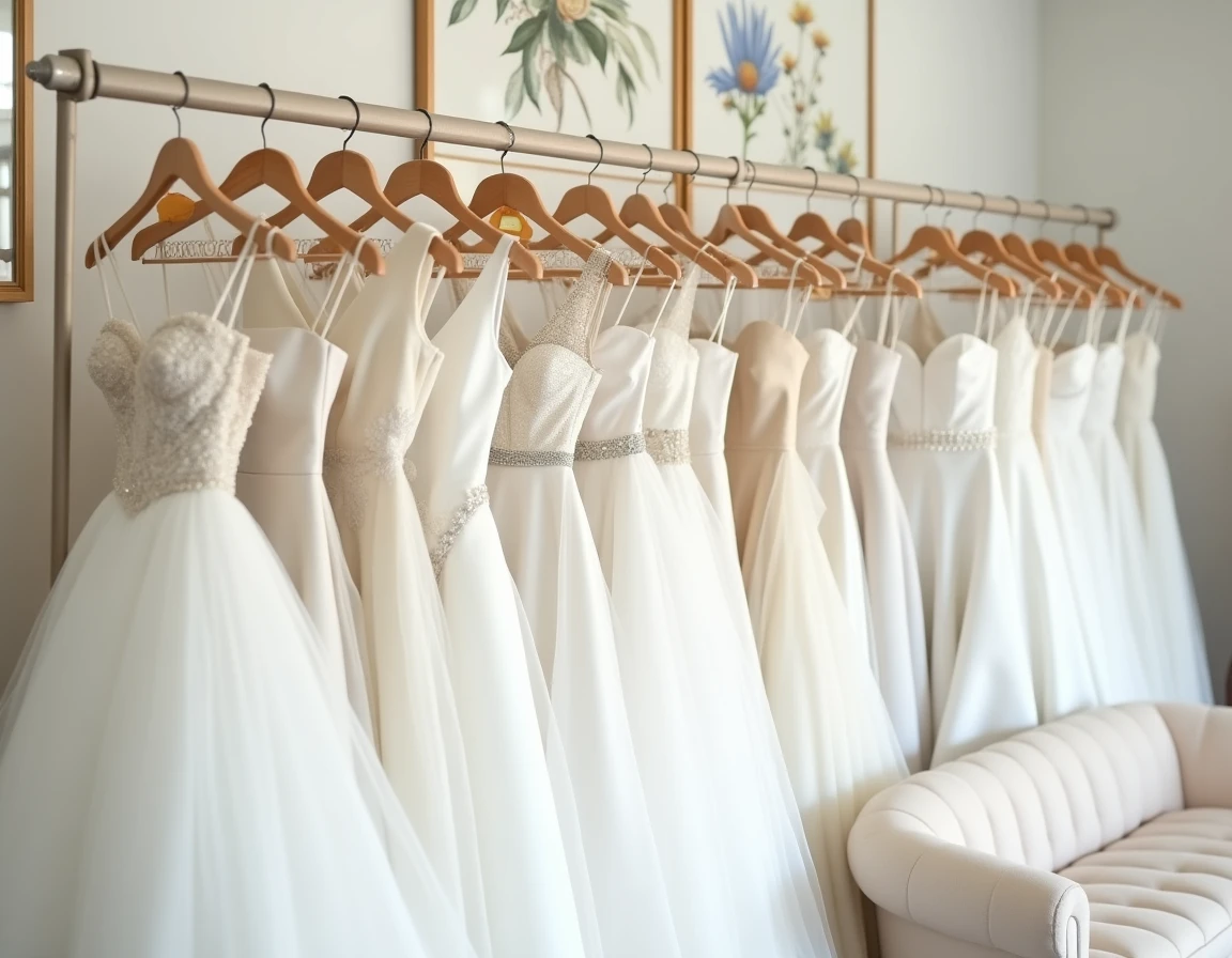 Sélection de robes de mariée à différents prix sur un portant dans un showroom nuptial moderne