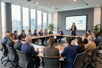 Salle de conférence moderne lors d'un séminaire d'entreprise avec une centaine de participants assis en U écoutant une présentatrice professionnelle