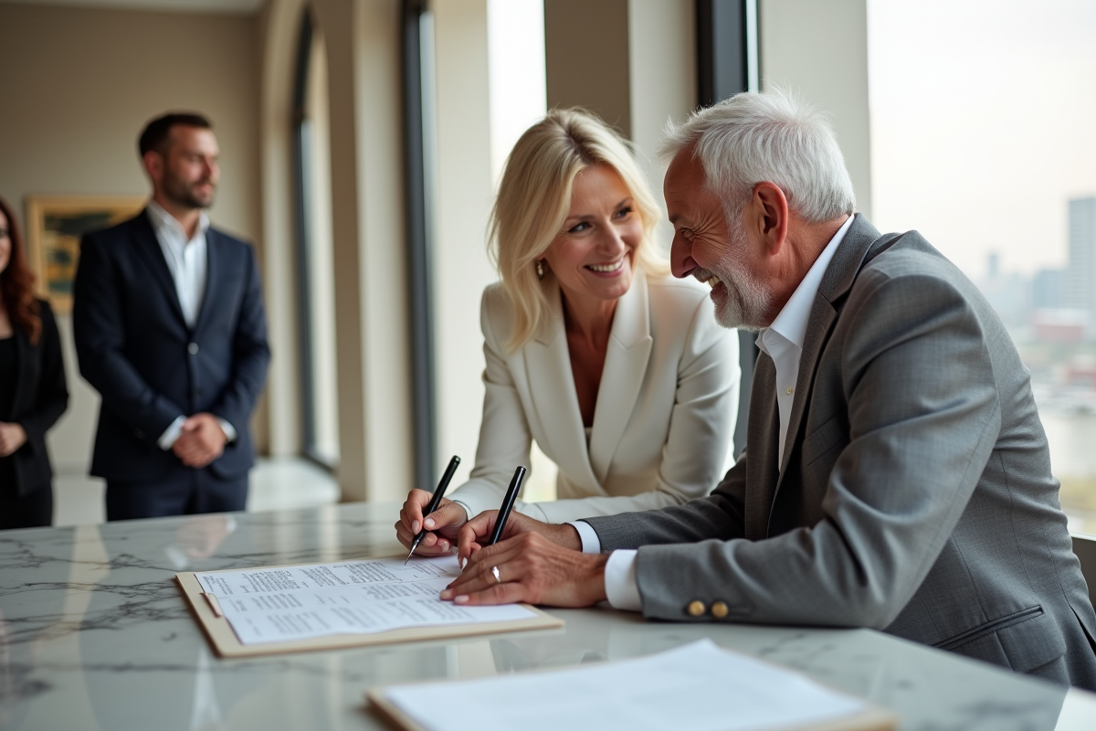 Couple plus âgé signant un certificat de mariage dans une mairie moderne