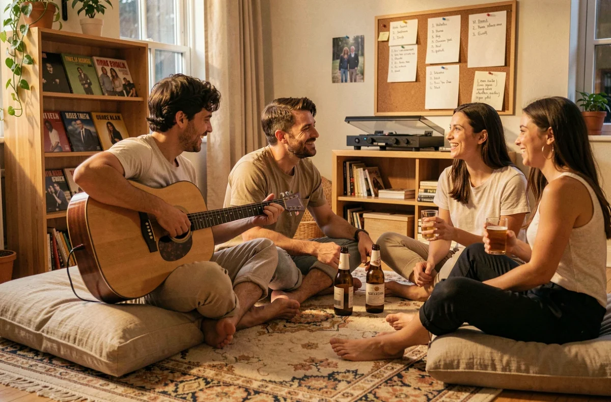 Groupe d'amis réunis dans un salon décoré pour une soirée musicale d'été, avec guitare acoustique, tourne-disque vinyle et playlist personnalisée affichée