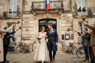 Couple de mariés souriant à la sortie d'une mairie française ornée, entouré de pétales de fleurs séchées lancés par les invités