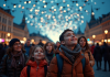 Coût spectacle lumière drone : tarifs et prix pour un show époustouflant ! Groupe d'adultes et enfants regardant un spectacle de drones lumineux en ville