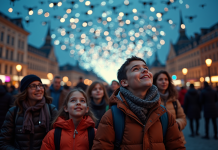 Coût spectacle lumière drone : tarifs et prix pour un show époustouflant ! Groupe d'adultes et enfants regardant un spectacle de drones lumineux en ville