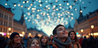 Coût spectacle lumière drone : tarifs et prix pour un show époustouflant ! Groupe d'adultes et enfants regardant un spectacle de drones lumineux en ville