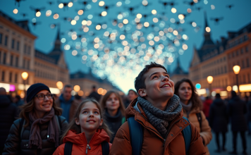Coût spectacle lumière drone : tarifs et prix pour un show époustouflant ! Groupe d'adultes et enfants regardant un spectacle de drones lumineux en ville