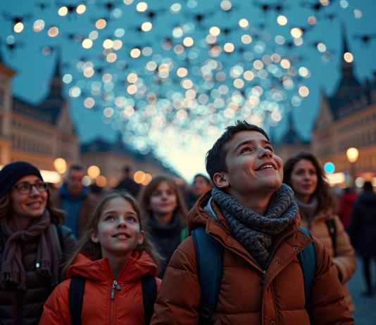Coût spectacle lumière drone : tarifs et prix pour un show époustouflant ! Groupe d'adultes et enfants regardant un spectacle de drones lumineux en ville