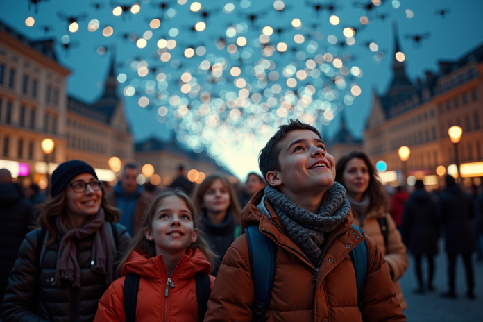 spectacle-lumieres-drones-ville Groupe d'adultes et enfants regardant un spectacle de drones lumineux en ville